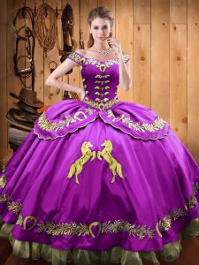 Inexpensive Sleeveless Satin and Organza Floor Length Lace Up Sweet 16 Quinceanera Dress in Eggplant Purple with Beading and Embroidery