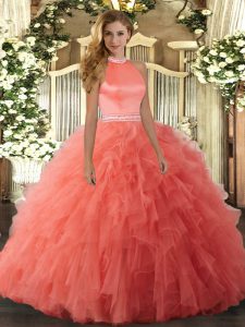 Colorful Sleeveless Floor Length Beading and Ruffles Backless 15th Birthday Dress with Orange Red