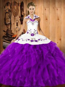Eggplant Purple Satin and Organza Lace Up Halter Top Sleeveless Floor Length Sweet 16 Dress Embroidery and Ruffles