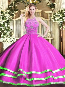 Fuchsia Halter Top Neckline Beading Quinceanera Dresses Sleeveless Zipper