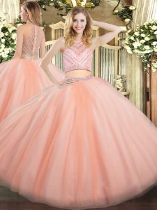 Fabulous Tulle High-neck Sleeveless Zipper Beading Quince Ball Gowns in Peach