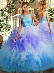 Scoop Sleeveless Tulle Quinceanera Gown Beading and Ruffles Backless