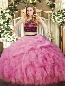 Wonderful Rose Pink Zipper Sweet 16 Dresses Beading and Ruffles Sleeveless Floor Length