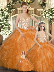 Noble Beading and Ruffles Ball Gown Prom Dress Orange Red Lace Up Sleeveless Floor Length