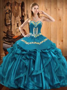 Amazing Teal Ball Gowns Embroidery and Ruffles Sweet 16 Dresses Lace Up Organza Sleeveless Floor Length