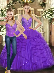 Exquisite Purple Organza Lace Up 15 Quinceanera Dress Sleeveless Floor Length Beading and Ruffles
