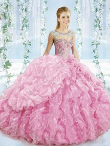 Baby Pink Sleeveless Organza Brush Train Lace Up Quinceanera Dress for Sweet 16 and Quinceanera