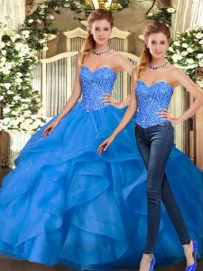Sexy Blue Two Pieces Beading and Ruffles Vestidos de Quinceanera Lace Up Organza Sleeveless Floor Length