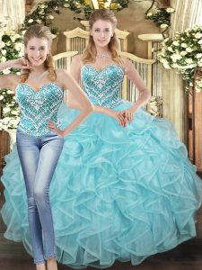 Custom Designed Baby Blue Sleeveless Floor Length Beading and Ruffles Lace Up 15th Birthday Dress
