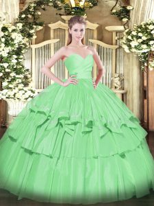 Spectacular Apple Green Sleeveless Floor Length Beading and Ruffled Layers Lace Up Quinceanera Gown
