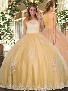 Fancy Gold Clasp Handle Scoop Lace and Appliques Quinceanera Gowns Tulle Sleeveless