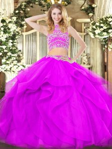 Gorgeous High-neck Sleeveless Backless Quince Ball Gowns Purple Tulle