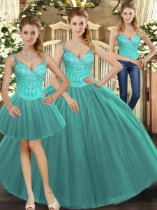 Pretty Turquoise Tulle Lace Up Straps Sleeveless Floor Length Ball Gown Prom Dress Beading