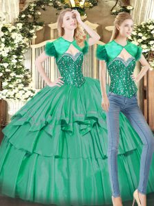 Custom Design Turquoise Ball Gown Prom Dress Military Ball and Sweet 16 and Quinceanera with Beading and Ruffled Layers Sweetheart Sleeveless Lace Up