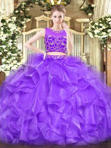 Best Lavender Tulle Zipper 15th Birthday Dress Sleeveless Floor Length Beading and Ruffles