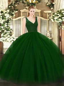 Custom Designed V-neck Sleeveless Tulle Quinceanera Dresses Beading and Lace Backless