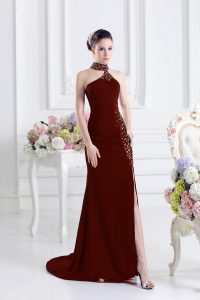 Wine Red Prom Dress Elastic Woven Satin Sweep Train Sleeveless Beading