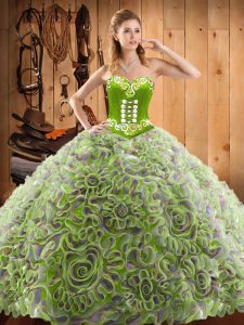 Free and Easy Sweetheart Sleeveless Sweep Train Lace Up 15 Quinceanera Dress Multi-color Satin and Fabric With Rolling Flowers