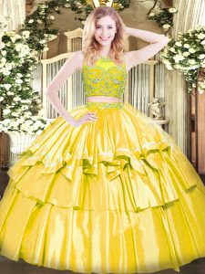 Sleeveless Tulle Floor Length Zipper Quinceanera Gowns in Yellow with Beading and Ruffled Layers