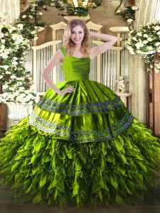 Trendy Olive Green Ball Gowns Beading and Ruffles 15 Quinceanera Dress Zipper Organza Sleeveless Floor Length