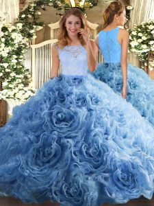 Adorable Baby Blue Sleeveless Fabric With Rolling Flowers Zipper Quinceanera Gown for Sweet 16 and Quinceanera