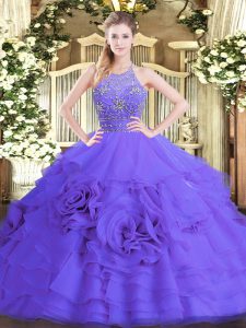Floor Length Purple Sweet 16 Dress Halter Top Sleeveless Zipper