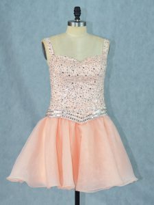 Delicate Beading Evening Dress Peach Lace Up Sleeveless Mini Length