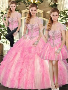 Top Selling Floor Length Lace Up 15th Birthday Dress Baby Pink for Sweet 16 and Quinceanera with Beading and Ruffles