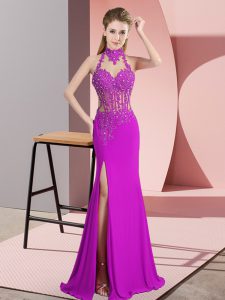 Discount Fuchsia Chiffon Backless Prom Dress Sleeveless Floor Length Lace and Appliques