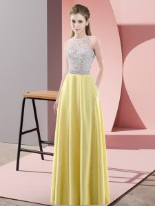 Yellow Sleeveless Floor Length Beading Backless Formal Dresses