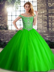 Suitable Green Off The Shoulder Neckline Beading 15th Birthday Dress Sleeveless Lace Up