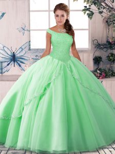 Fashionable Apple Green Sweet 16 Quinceanera Dress Off The Shoulder Sleeveless Brush Train Lace Up