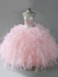 Pink Halter Top Lace Up Beading and Ruffles Quinceanera Dress Sleeveless