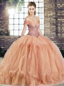 Popular Sleeveless Tulle Floor Length Lace Up Quinceanera Gowns in Peach with Beading and Ruffles