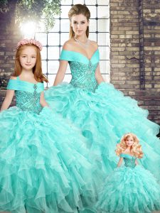 Dazzling Aqua Blue Off The Shoulder Neckline Beading and Ruffles Quince Ball Gowns Sleeveless Lace Up