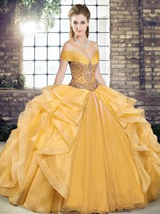 Gold Organza Lace Up Off The Shoulder Sleeveless Floor Length Vestidos de Quinceanera Beading and Ruffles