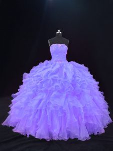Gorgeous Purple Organza Lace Up Strapless Sleeveless Floor Length Sweet 16 Quinceanera Dress Beading and Ruffles