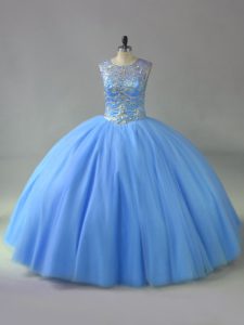 Low Price Blue Lace Up Sweet 16 Quinceanera Dress Beading Sleeveless Floor Length