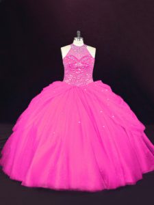 Floor Length Hot Pink 15th Birthday Dress Halter Top Sleeveless Lace Up