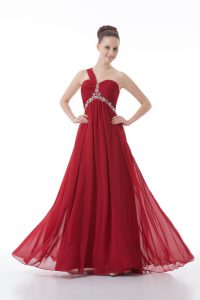 Custom Design Red Empire One Shoulder Sleeveless Chiffon Floor Length Backless Beading and Ruching Prom Gown