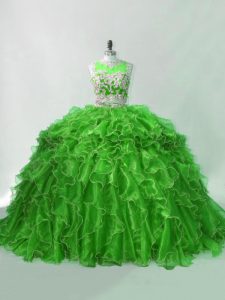 Beading and Ruffles Ball Gown Prom Dress Green Zipper Sleeveless Brush Train