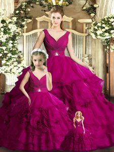 Extravagant Fuchsia Organza Backless 15th Birthday Dress Sleeveless Floor Length Beading and Ruffles