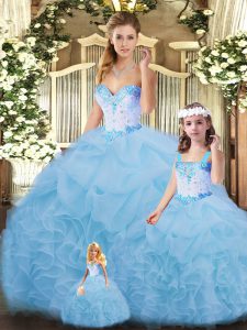 Pretty Blue Sleeveless Organza Lace Up Ball Gown Prom Dress for Sweet 16 and Quinceanera