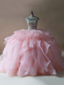 Nice Off The Shoulder Sleeveless Tulle Sweet 16 Quinceanera Dress Beading and Ruffles Brush Train Lace Up