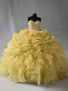 Dazzling Yellow Organza Lace Up Vestidos de Quinceanera Sleeveless Floor Length Beading and Ruffles