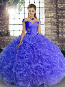 Flirting Off The Shoulder Sleeveless Lace Up Quinceanera Gowns Blue Fabric With Rolling Flowers