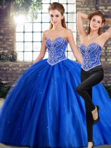 Beading Quinceanera Dresses Blue Lace Up Sleeveless Brush Train