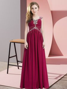 Hot Selling Fuchsia Empire Beading Prom Dresses Lace Up Chiffon Cap Sleeves Floor Length