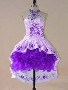 Satin and Organza Halter Top Long Sleeves Lace Up Embroidery and Ruffles Prom Dress in Purple