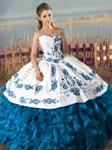 Teal Sweetheart Neckline Embroidery and Ruffles Sweet 16 Dresses Sleeveless Lace Up